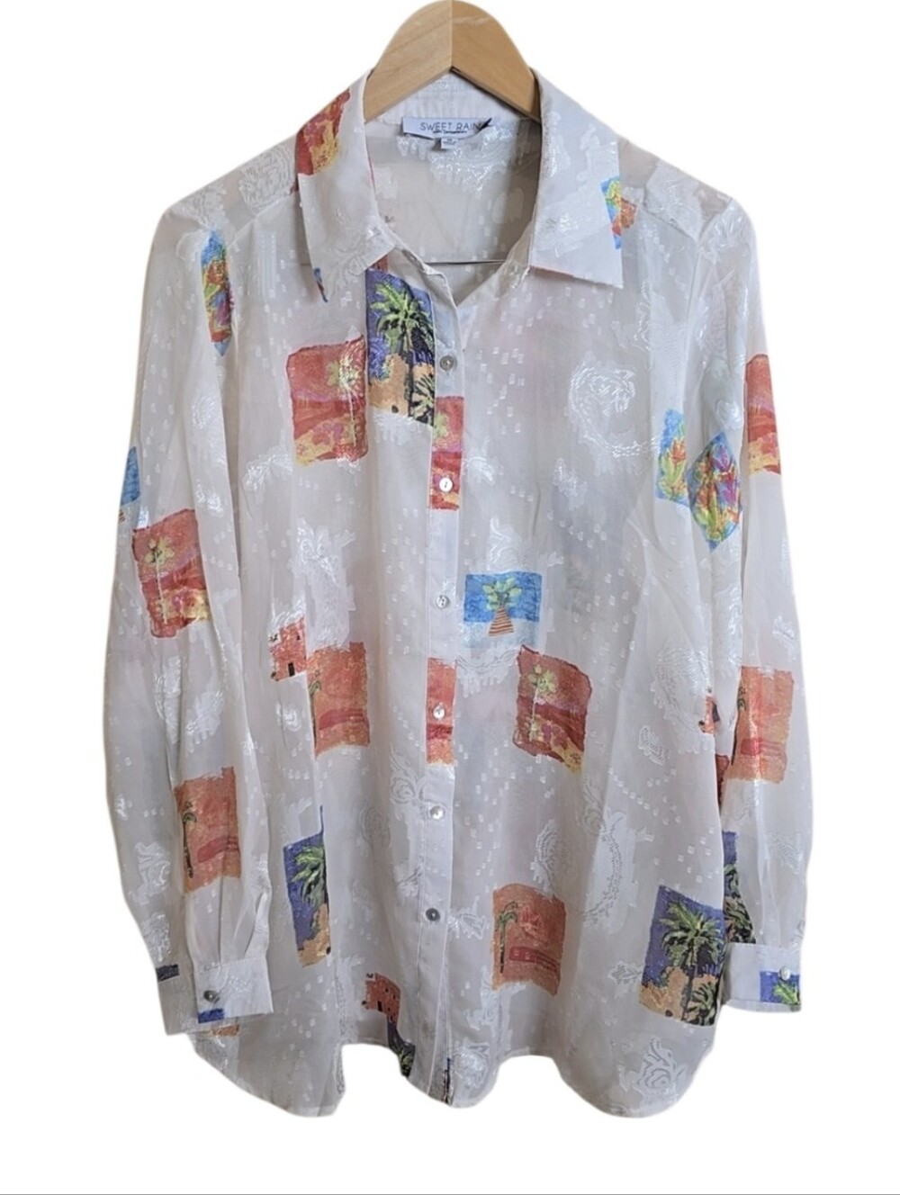 Sweet Rain Young Contemporary Beach Art Sheer Button Down Blouse. Size 1X